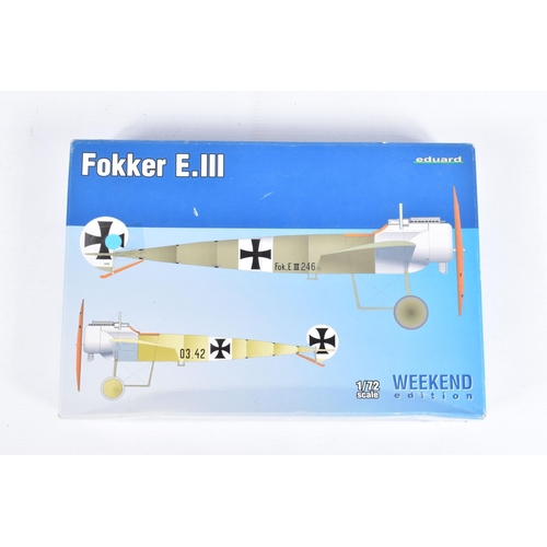 165 - FOUR EDUARD UNBUILT BOXED MODEL AIRCRAFT KITS, to include a 1:72 scale Fokker E.III, kit no. 7444, i... 