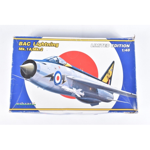 167 - THREE UNBUILT BOXED MODEL AIRCRAFT KITS, to include  a Eduard 1:48 scale BAC Lightning Mk.1A , kit n... 