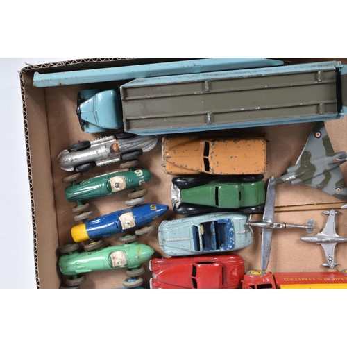 194 - A QUANTITY OF UNBOXED AND ASSORTED PLAYWORN DINKY TOYS, to include collection of 1950's F1 racing ca... 