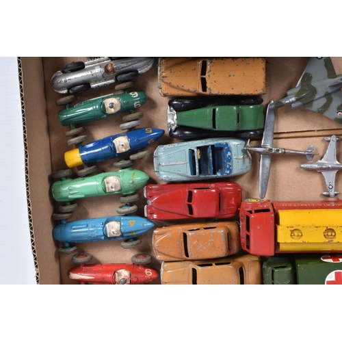 194 - A QUANTITY OF UNBOXED AND ASSORTED PLAYWORN DINKY TOYS, to include collection of 1950's F1 racing ca... 