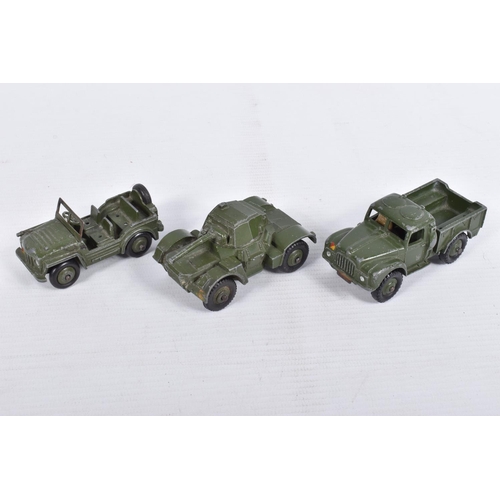 196 - A QUANTITY OF UNBOXED AND ASSORTED PLAYWORN DINKY TOYS MILITARY VEHICLES, to include Thornycroft Mig... 