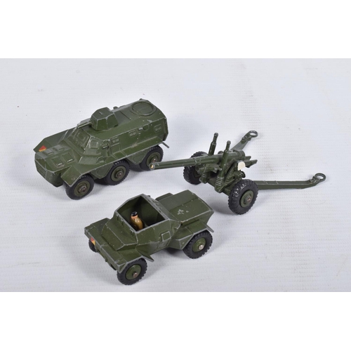 196 - A QUANTITY OF UNBOXED AND ASSORTED PLAYWORN DINKY TOYS MILITARY VEHICLES, to include Thornycroft Mig... 