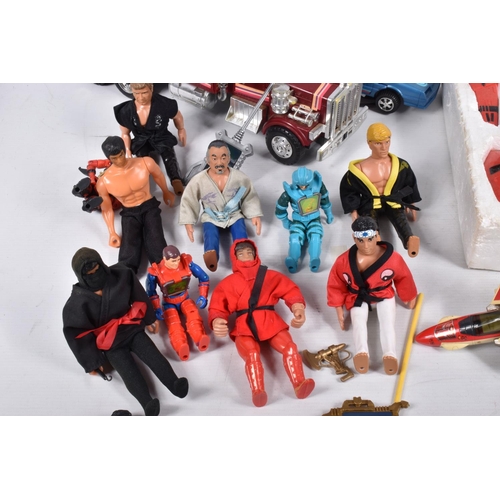 217 - A COLLECTION OF UNBOXED VINTAGE TOYS AND FIGURES, to include a Kenner MASK Rhino Tractor Rig 37300, ... 