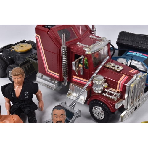 217 - A COLLECTION OF UNBOXED VINTAGE TOYS AND FIGURES, to include a Kenner MASK Rhino Tractor Rig 37300, ... 