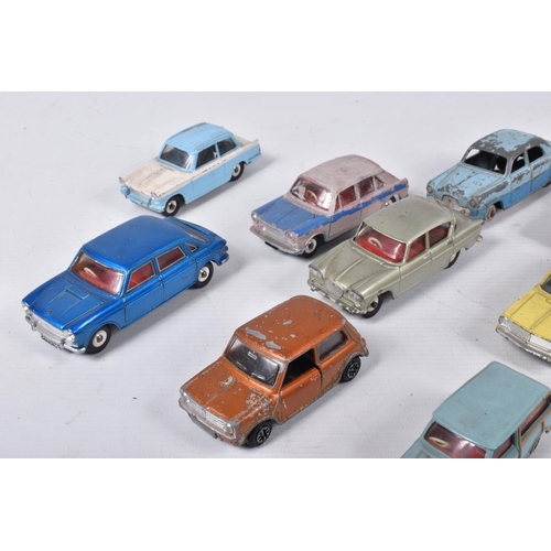 220 - A QUANTITY OF PLAYWORN DIE-CAST VEHICLES, to include a Dinky Ford Cortina in various colours 139, Fo... 