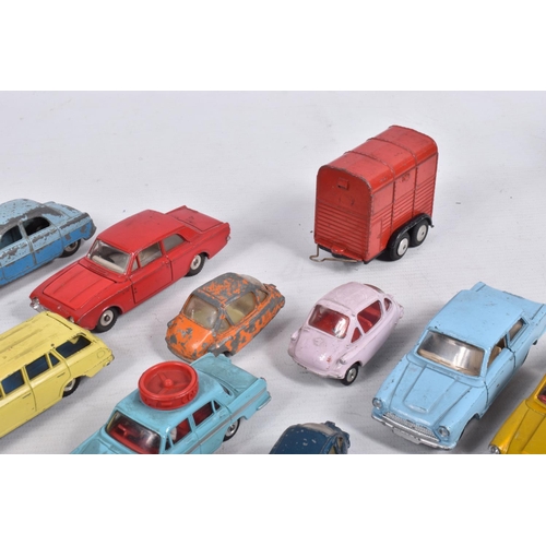 220 - A QUANTITY OF PLAYWORN DIE-CAST VEHICLES, to include a Dinky Ford Cortina in various colours 139, Fo... 