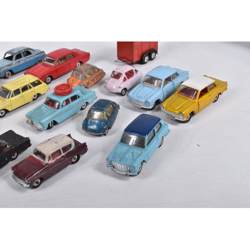 220 - A QUANTITY OF PLAYWORN DIE-CAST VEHICLES, to include a Dinky Ford Cortina in various colours 139, Fo... 