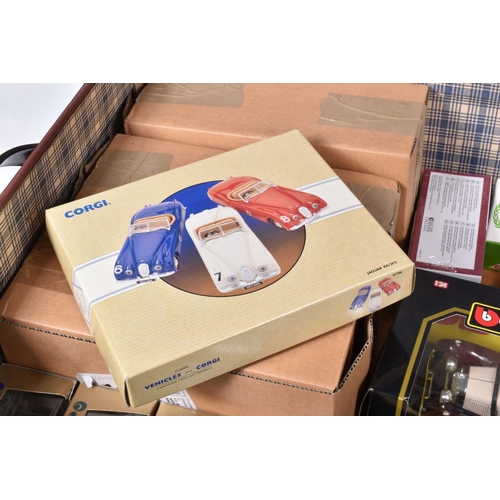 228 - A VINTAGE TRAVEL CHEST WITH BOXED BBURAGO, CORGI AND RIO DIE-CAST MODEL VEHICLES, to include a Rio 1... 