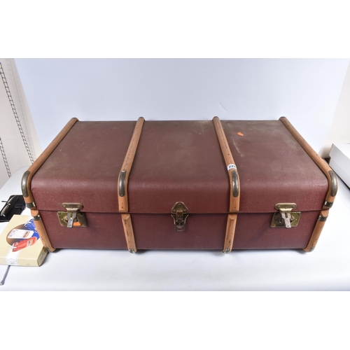 228 - A VINTAGE TRAVEL CHEST WITH BOXED BBURAGO, CORGI AND RIO DIE-CAST MODEL VEHICLES, to include a Rio 1... 