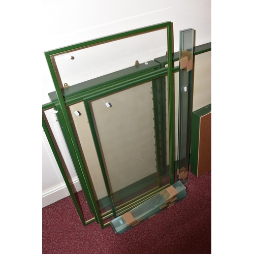 229 - FOUR WALL MOUNTED GLASS FRONTED DISPLAY CABINETS, all appear in good condition with only minor wear,... 