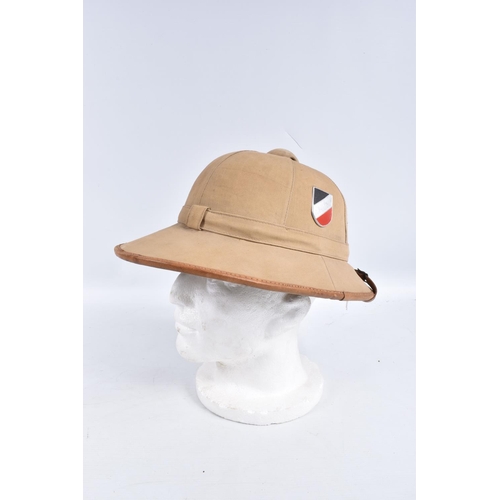 459 - A WWII ERA GERMAN AFRIKACORPS PITH HELMET WITH DECALS, this is the beige coloured tropical sun hat w... 