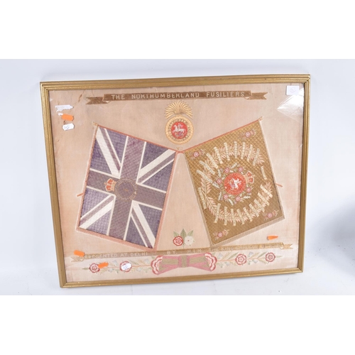 460 - A 1911 FRAMED SILK AND EMBROIDERY NORTHUMBERLAND FUSILIER SAMPLER, this is predominantly gold and re... 