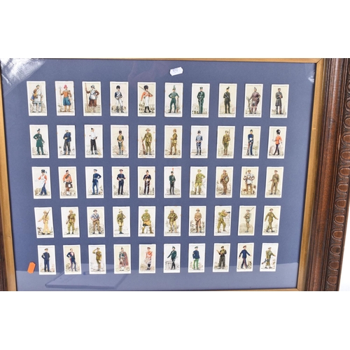 472 - THREE FRAMED AND GLAZED DISPLAYS OF CIGARETTE CARDS FEATURING BRITISH ARMY UNIFORMS AND HEADDRESS, t... 