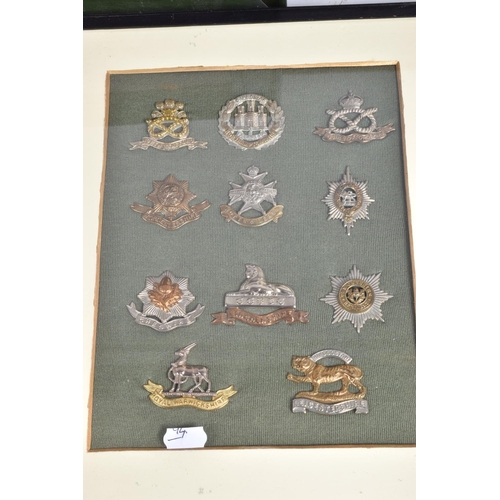 475 - SEVEN FRAMED AND GLAZED DISPLAY OF MILITARY CAP BADGES, they cover different eras of the twentieth c... 