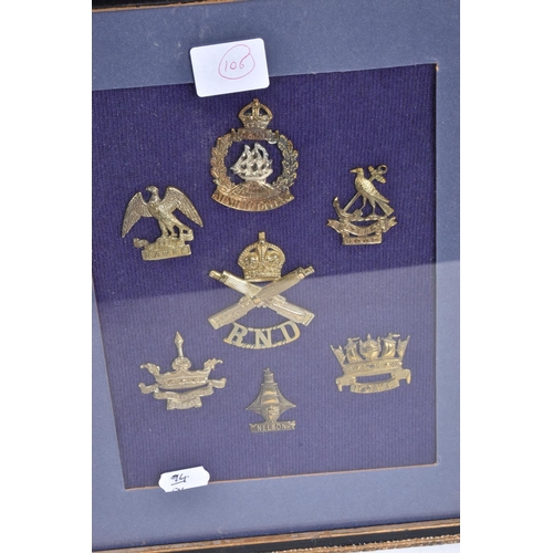 475 - SEVEN FRAMED AND GLAZED DISPLAY OF MILITARY CAP BADGES, they cover different eras of the twentieth c... 