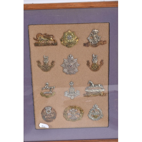 475 - SEVEN FRAMED AND GLAZED DISPLAY OF MILITARY CAP BADGES, they cover different eras of the twentieth c... 