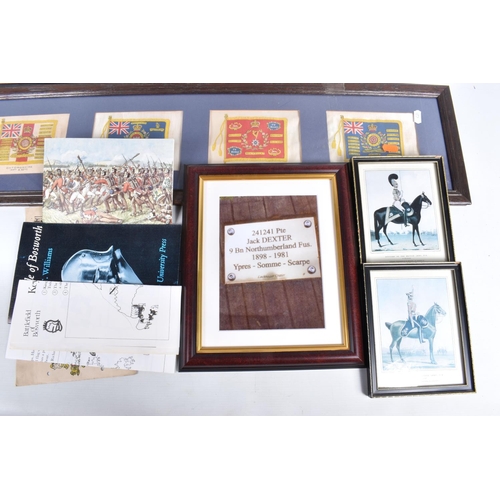 477 - A COLLECTION OF MILITARY RELATED ITEMS TO INCLUDE KENSINGTON SILKS, BDV cigarette silks, framed prin... 