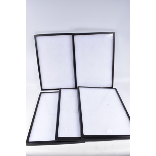 478 - FIVE DISPLAY CASES WITH PERSPEX FRONTS, each one is black and they measure approximately 51.5cm x 36... 