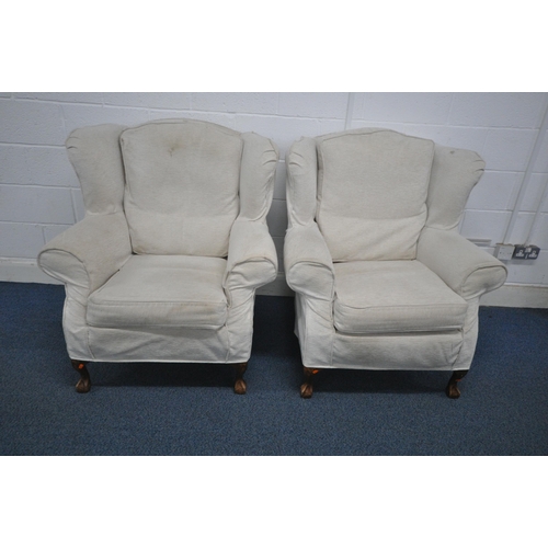 1293 - A PAIR OF 20TH CENTURY WING BACK ARMCHAIRS, with later covers, width 96cm x depth 94cm x height 104c... 