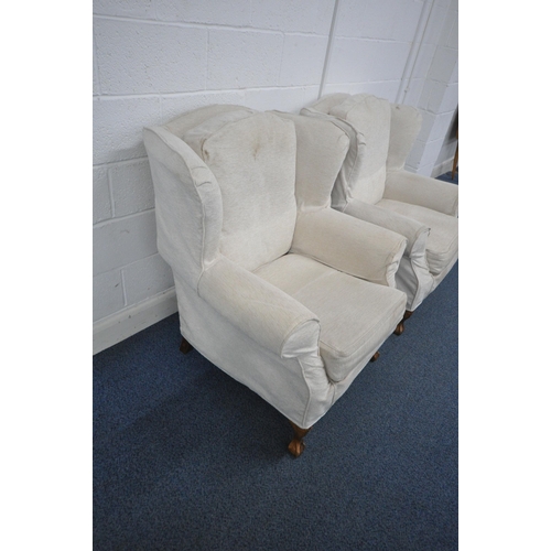 1293 - A PAIR OF 20TH CENTURY WING BACK ARMCHAIRS, with later covers, width 96cm x depth 94cm x height 104c... 