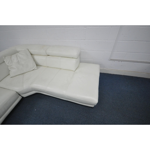 1297 - A WHITE LEATHER L SHAPED CORNER SOFA, with three adjustable head rests, on shaped metal legs, longes... 