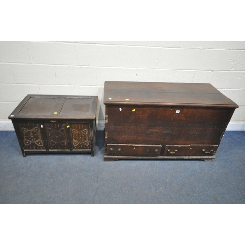 1299 - A GEORGIAN OAK COFFER, with a hinged lid and two drawers, width 124cm x depth 55cm x height 72cm, al... 