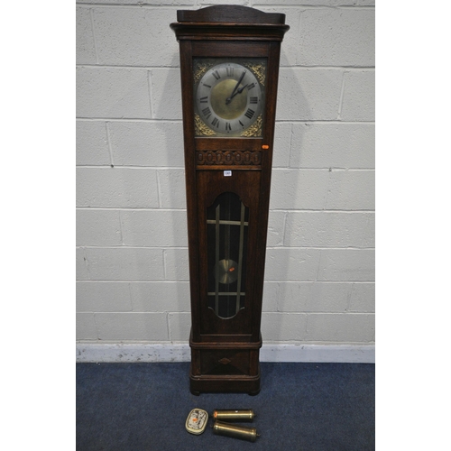 1301 - A 20TH CENTURY OAK LONGCASE CLOCK, the brass and silvered 10 inch dial with Roman numerals, two weig... 