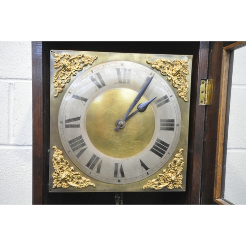 1301 - A 20TH CENTURY OAK LONGCASE CLOCK, the brass and silvered 10 inch dial with Roman numerals, two weig... 