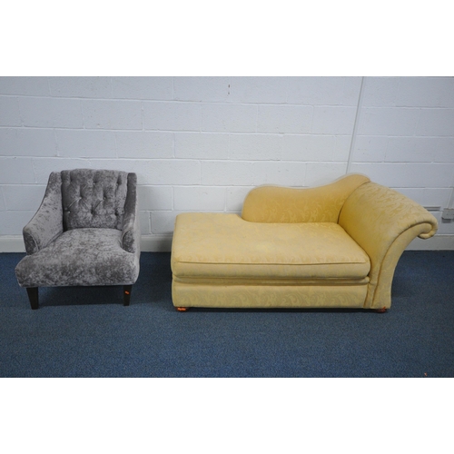 1302 - A YELLOW FLORAL UPHOLSTERED CHAISE LOUNGE/SOFA BED, length 172cm x depth 81cm x height 81cm, along w... 