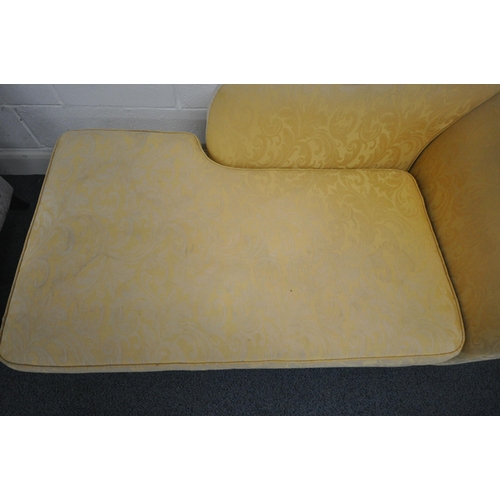 1302 - A YELLOW FLORAL UPHOLSTERED CHAISE LOUNGE/SOFA BED, length 172cm x depth 81cm x height 81cm, along w... 