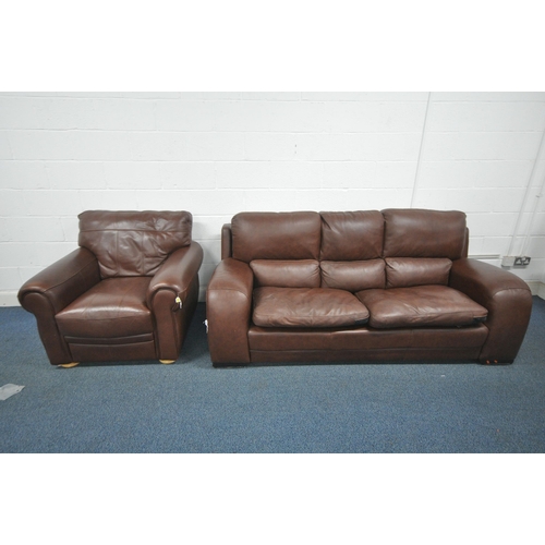 1303 - A BROWN LEATHER THREE SEATER SOFA, and an armchair (condition report: in need of a clean, other wear... 