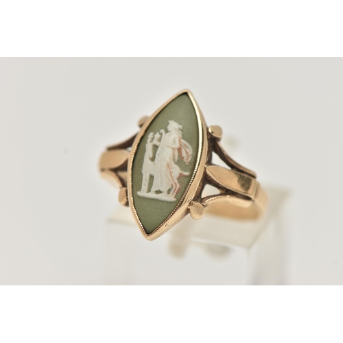 17 - A RING SET WITH WEDGWOOD PANEL, the diamond shape green Wedgwood panel depicting a female and a stag... 