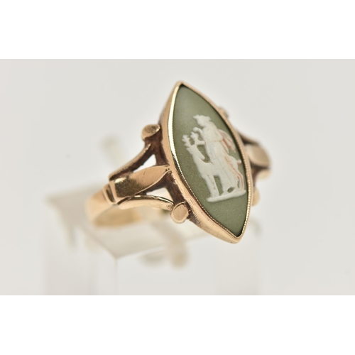 17 - A RING SET WITH WEDGWOOD PANEL, the diamond shape green Wedgwood panel depicting a female and a stag... 