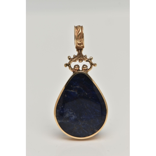 2 - A 9CT GOLD PENDANT, pear shape drop pendant, set with onyx and sodalite inlays, in a collet mount, h... 