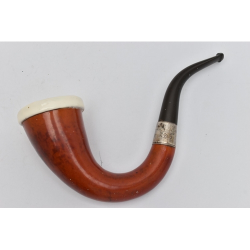 20 - AN EDWARDIAN PIPE, the curved pipe with silver band, hallmark for Birmingham 1907, length 155mm