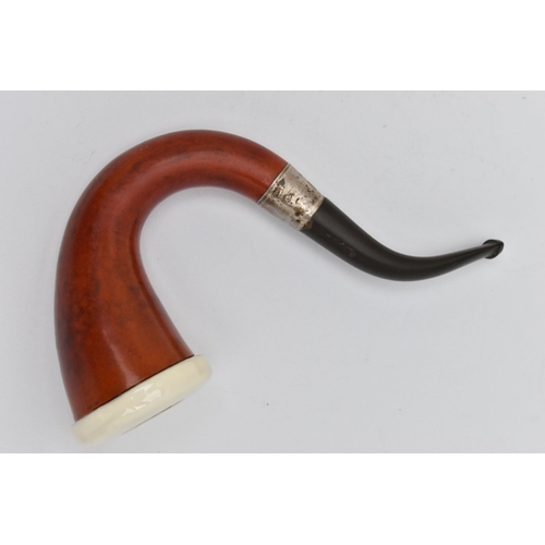 20 - AN EDWARDIAN PIPE, the curved pipe with silver band, hallmark for Birmingham 1907, length 155mm