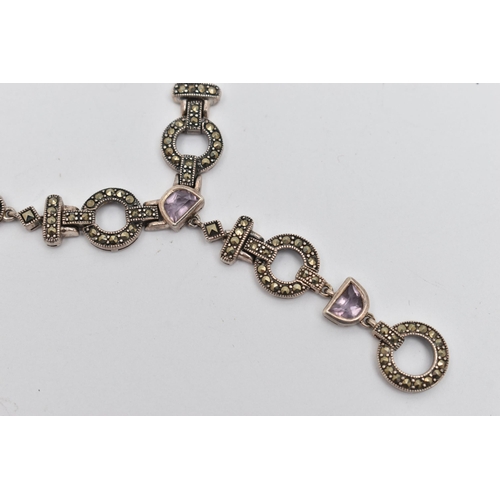 21 - A MARCASITE AND AMETHYST NECKLACE, designed as circular, square and rectangular links joining at a c... 