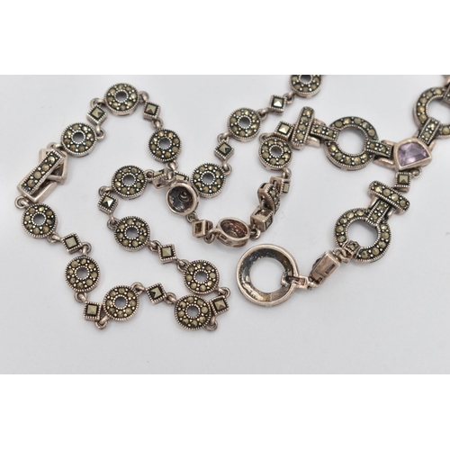 21 - A MARCASITE AND AMETHYST NECKLACE, designed as circular, square and rectangular links joining at a c... 