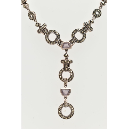 21 - A MARCASITE AND AMETHYST NECKLACE, designed as circular, square and rectangular links joining at a c... 