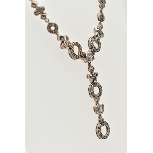 21 - A MARCASITE AND AMETHYST NECKLACE, designed as circular, square and rectangular links joining at a c... 