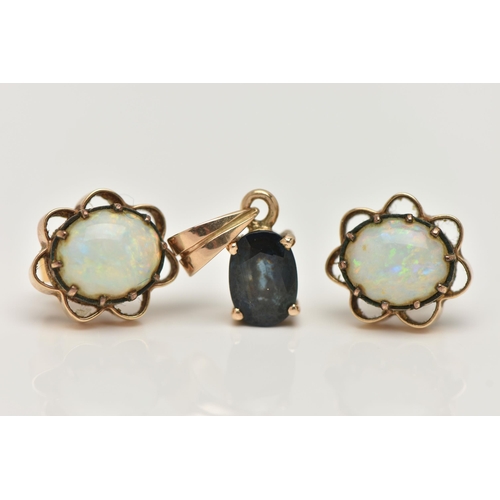 28 - A PAIR OF EARRINGS AND A PENDANT, the stud earrings each designed as an oval opal cabochon within a ... 