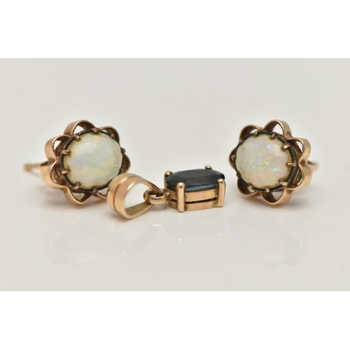 28 - A PAIR OF EARRINGS AND A PENDANT, the stud earrings each designed as an oval opal cabochon within a ... 