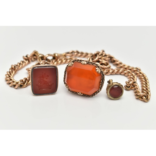 29 - TWO FOBS, A CHAIN AND A BROOCH, the larger fob set with a rectangular carnelian with reserve carved ... 