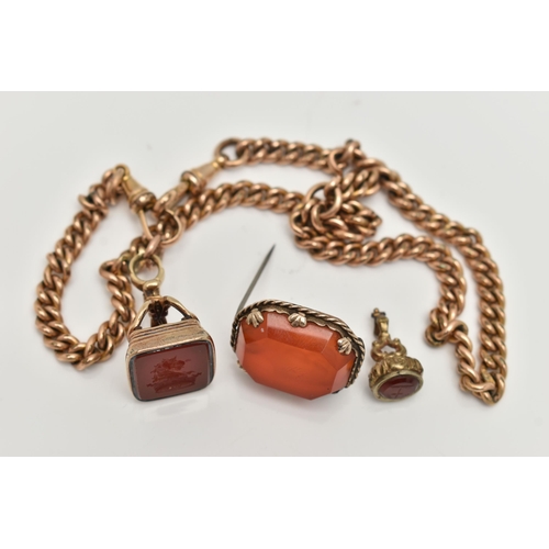 29 - TWO FOBS, A CHAIN AND A BROOCH, the larger fob set with a rectangular carnelian with reserve carved ... 