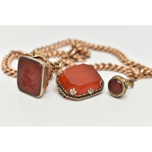 29 - TWO FOBS, A CHAIN AND A BROOCH, the larger fob set with a rectangular carnelian with reserve carved ... 