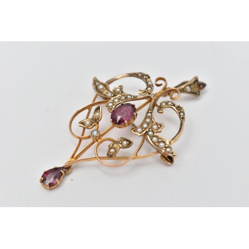 31 - AN EARLY 20TH CENTURY OPENWORK GARNET AND SPLIT PEARL PENDANT, of scrolling organic leaf design, set... 