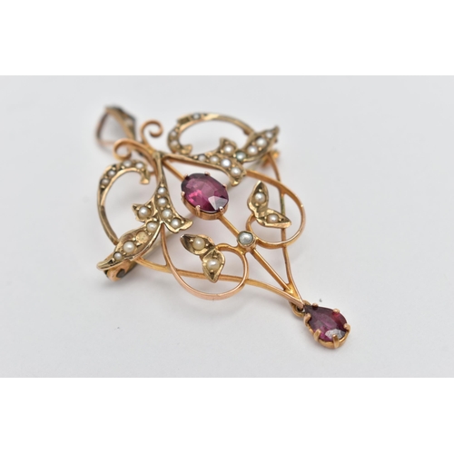 31 - AN EARLY 20TH CENTURY OPENWORK GARNET AND SPLIT PEARL PENDANT, of scrolling organic leaf design, set... 