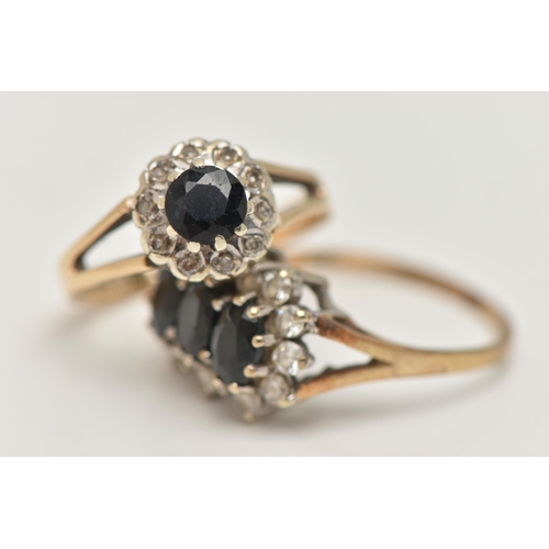 32 - TWO 9CT GOLD SAPPHIRE DRESS RINGS, the first designed as a circular sapphire within a single cut dia... 