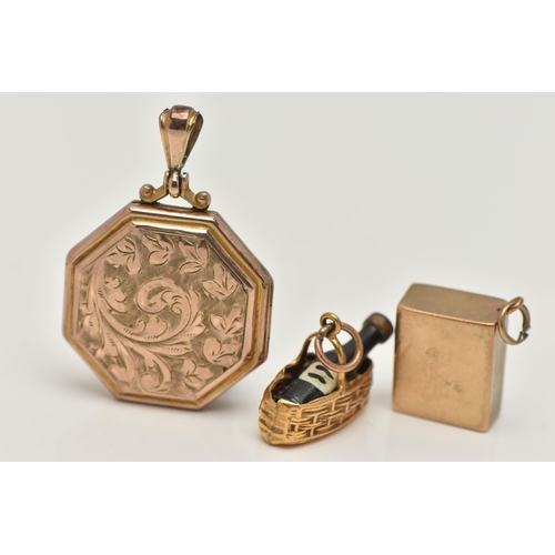 33 - TWO 9CT GOLD CHARMS AND A LOCKET, the first charm designed as a 9ct gold basket containing a wine bo... 