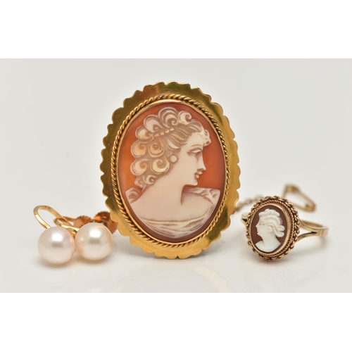 34 - THREE ITEMS OF JEWELLERY, to include a 9ct gold cameo ring, with 9ct hallmark, ring size J, an oval ... 